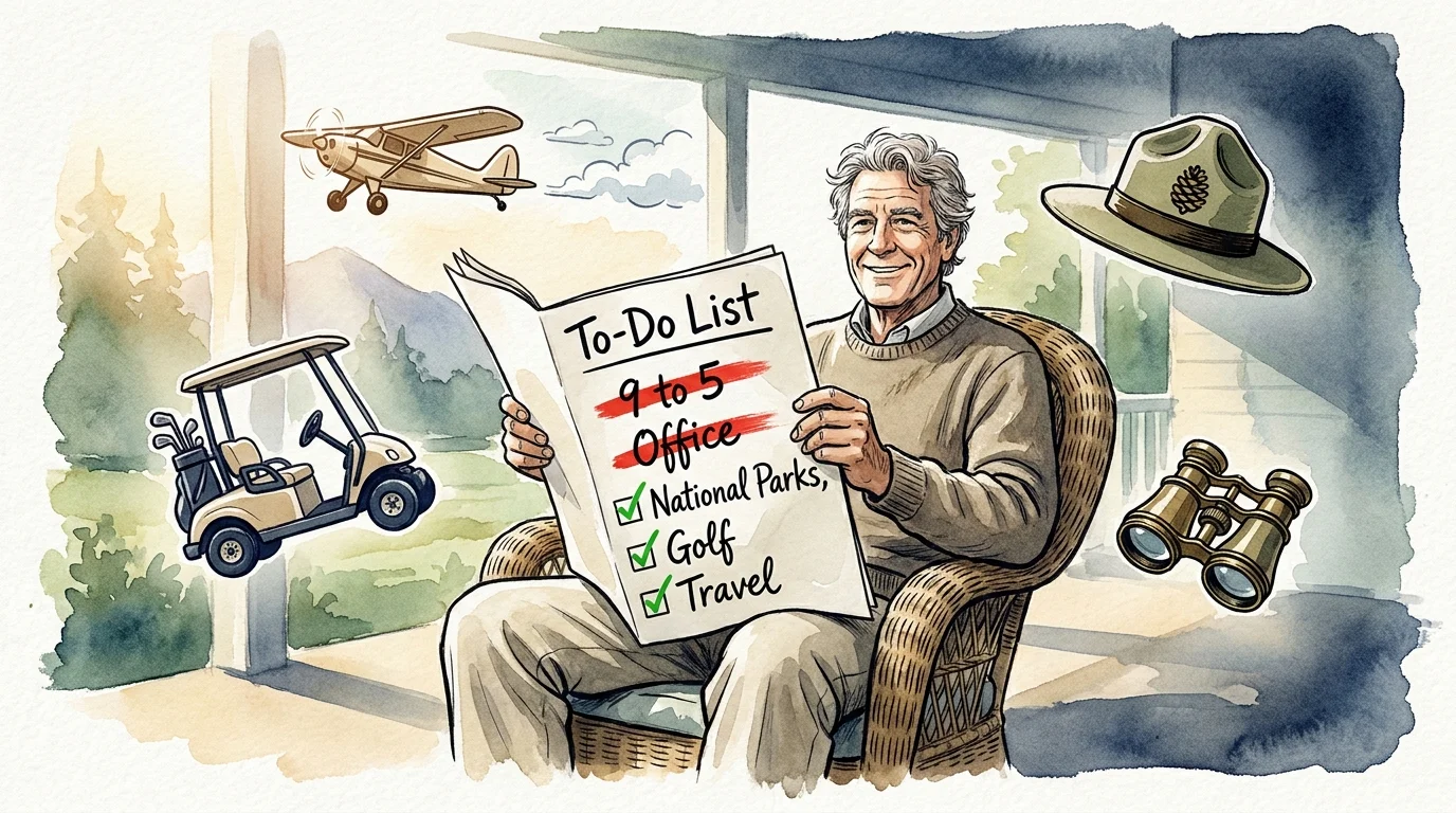 Watercolor illustration of a retiree checking off 'Travel' and 'Golf' on a list, surrounded by icons of airplanes and park ranger hats.