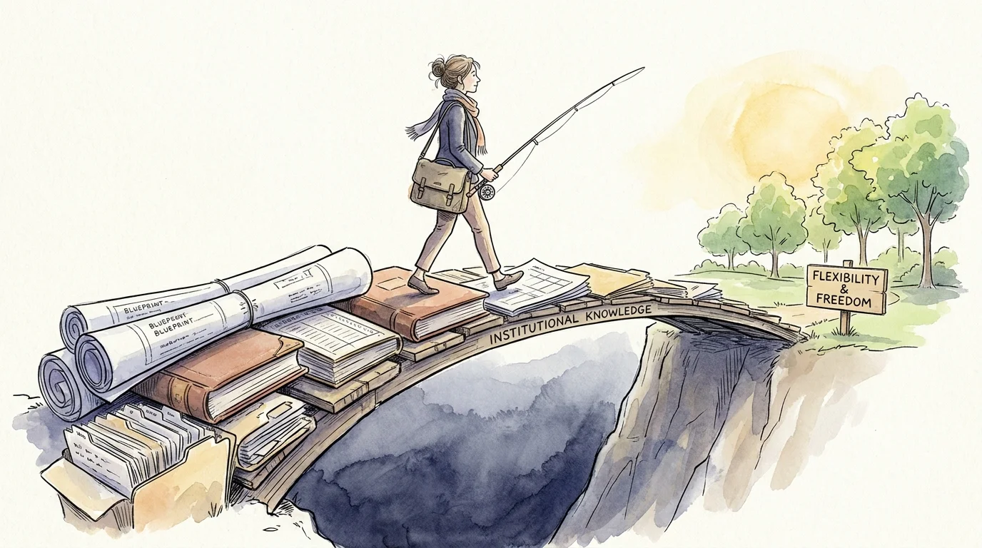 Watercolor illustration of a woman crossing a bridge made of books and blueprints, transitioning from work to leisure.