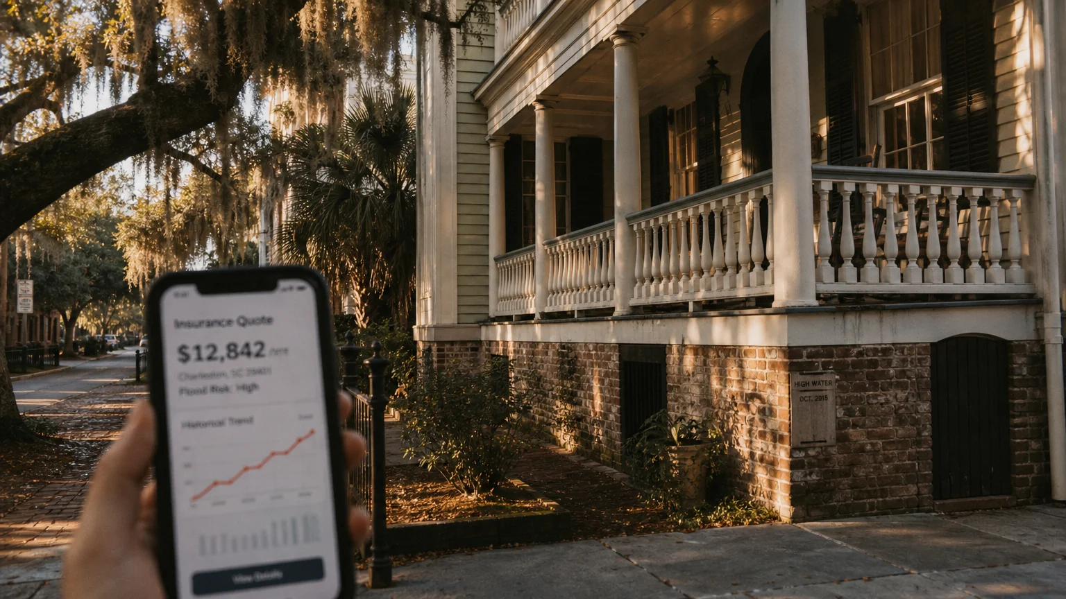 A 35mm film photo of a historic Charleston home with a smartphone in the foreground showing rising insurance and flood risks.
