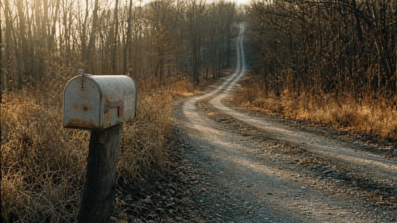 A 35mm film photo of a lone mailbox at the entrance of a long, isolated gravel driveway leading into the woods.