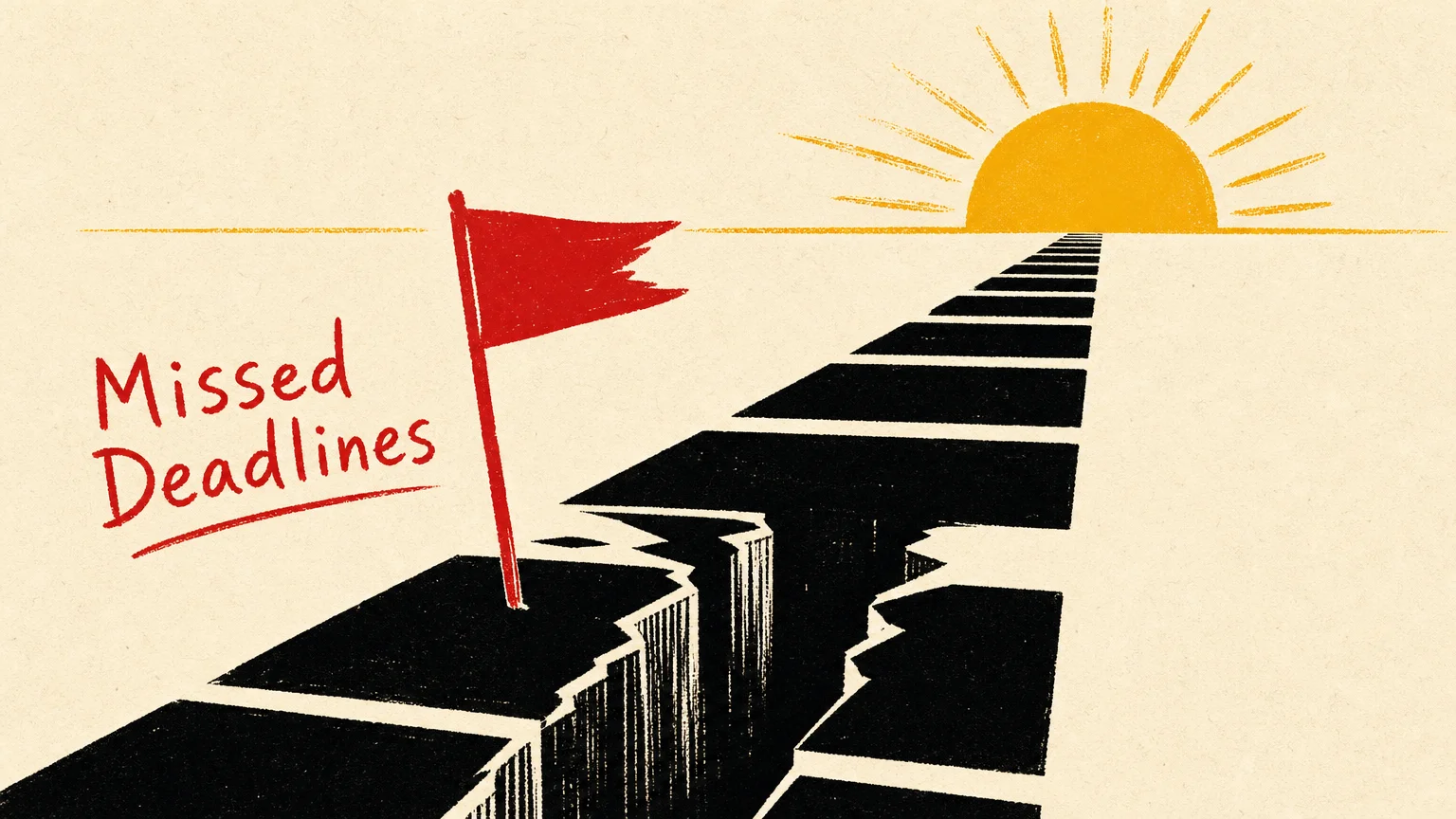 A bold, minimalist screenprint illustration of a pathway with a gap marked by a warning flag, symbolizing missed planning deadlines.