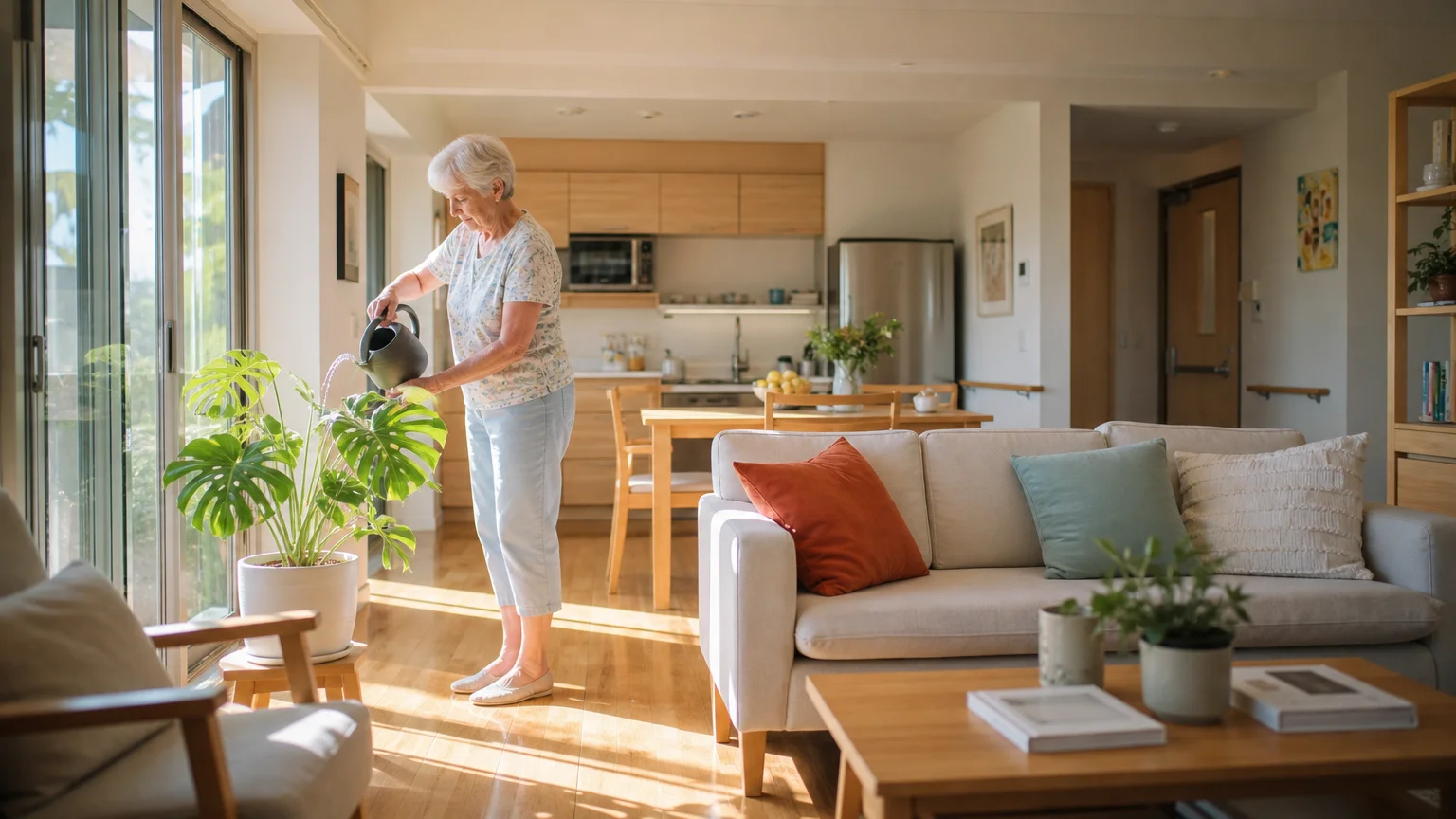 A bright, warm apartment interior where an older woman is watering a green plant near a sun-drenched window.
