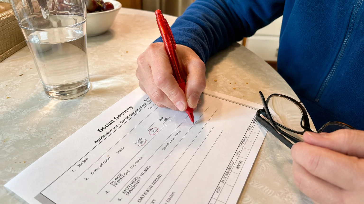 A candid close-up shot of a person using a red pen to check a Social Security form at a kitchen table.