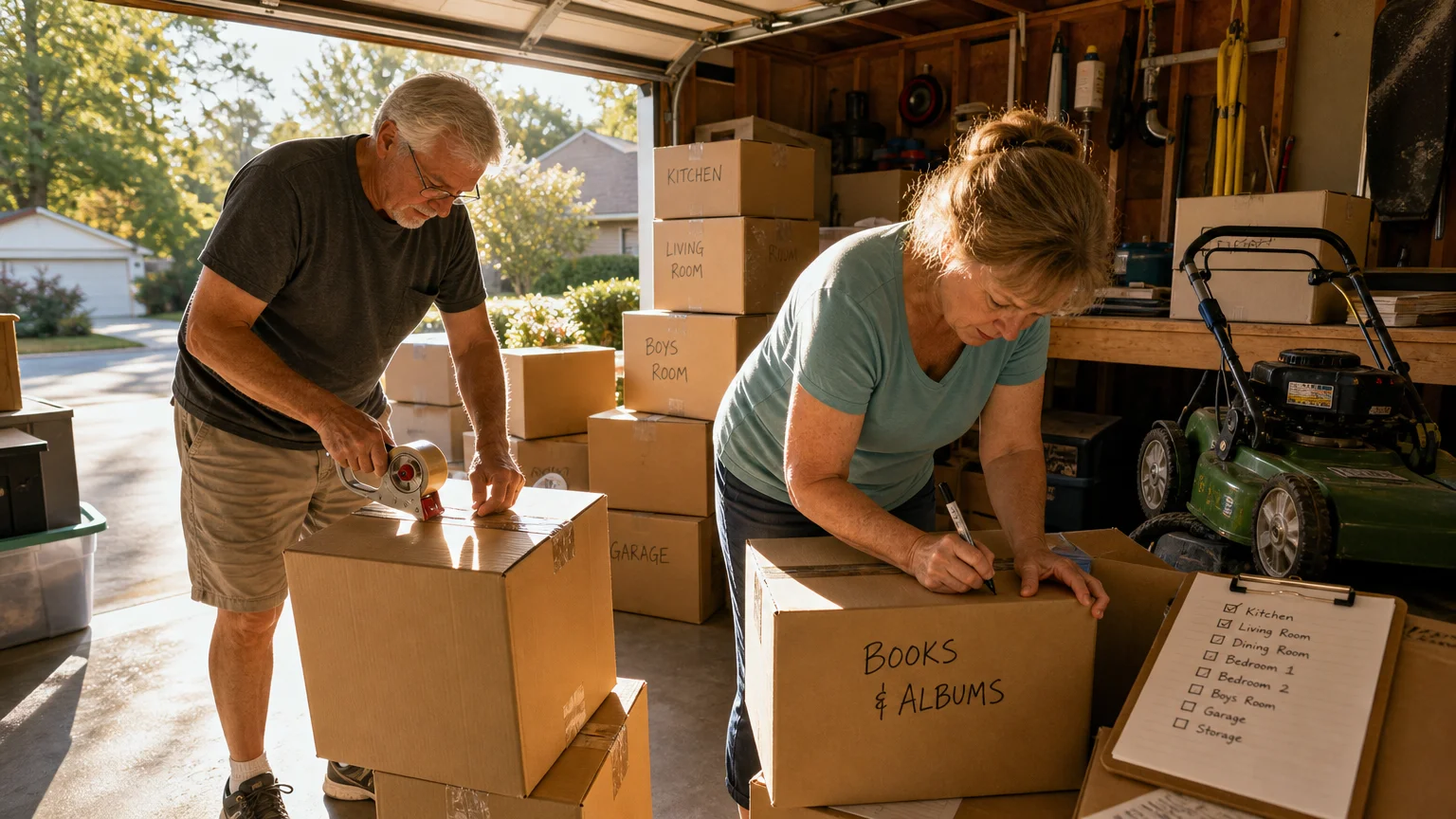 A candid photo of an older couple packing cardboard boxes in their sunlit garage during a move.