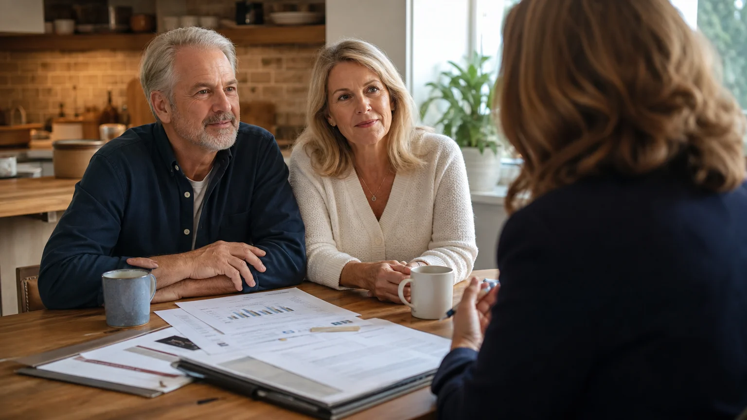 A candid photograph of a couple in their late 50s reviewing retirement paperwork in their cozy kitchen with an advisor.