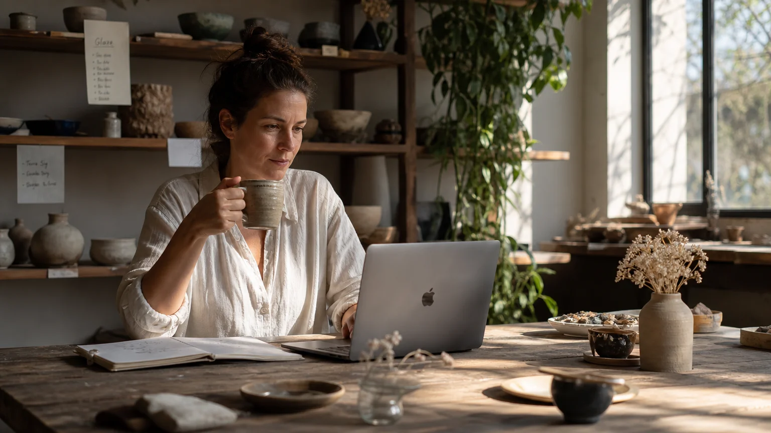 A candid photograph of a female artisan working at a rustic wooden table in her sunlit home studio.