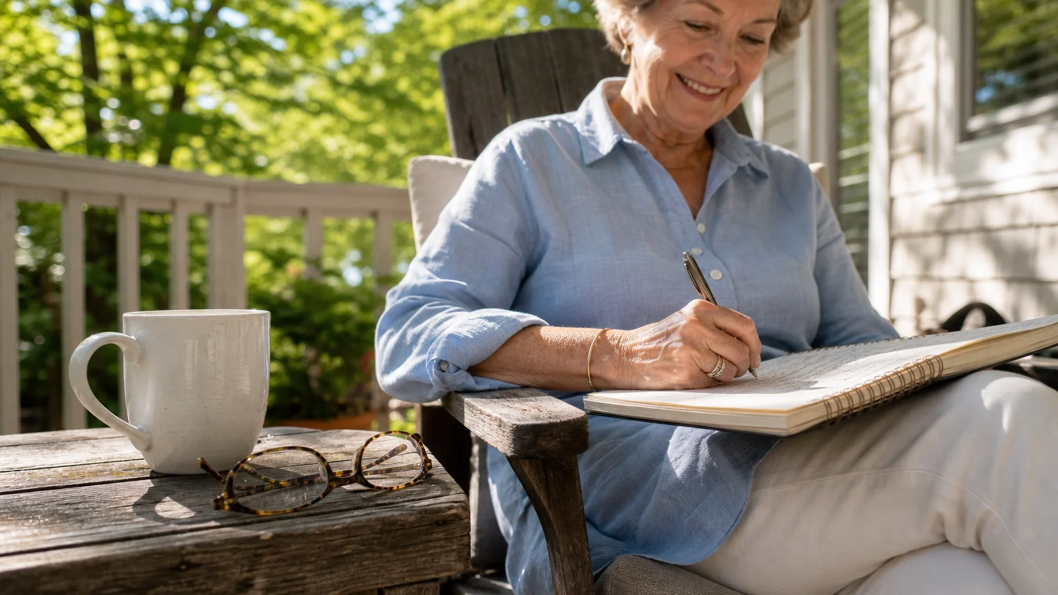 A candid photograph of an older woman sitting on a sunny porch, focused on planning her retirement strategies with a notebook and coffee.