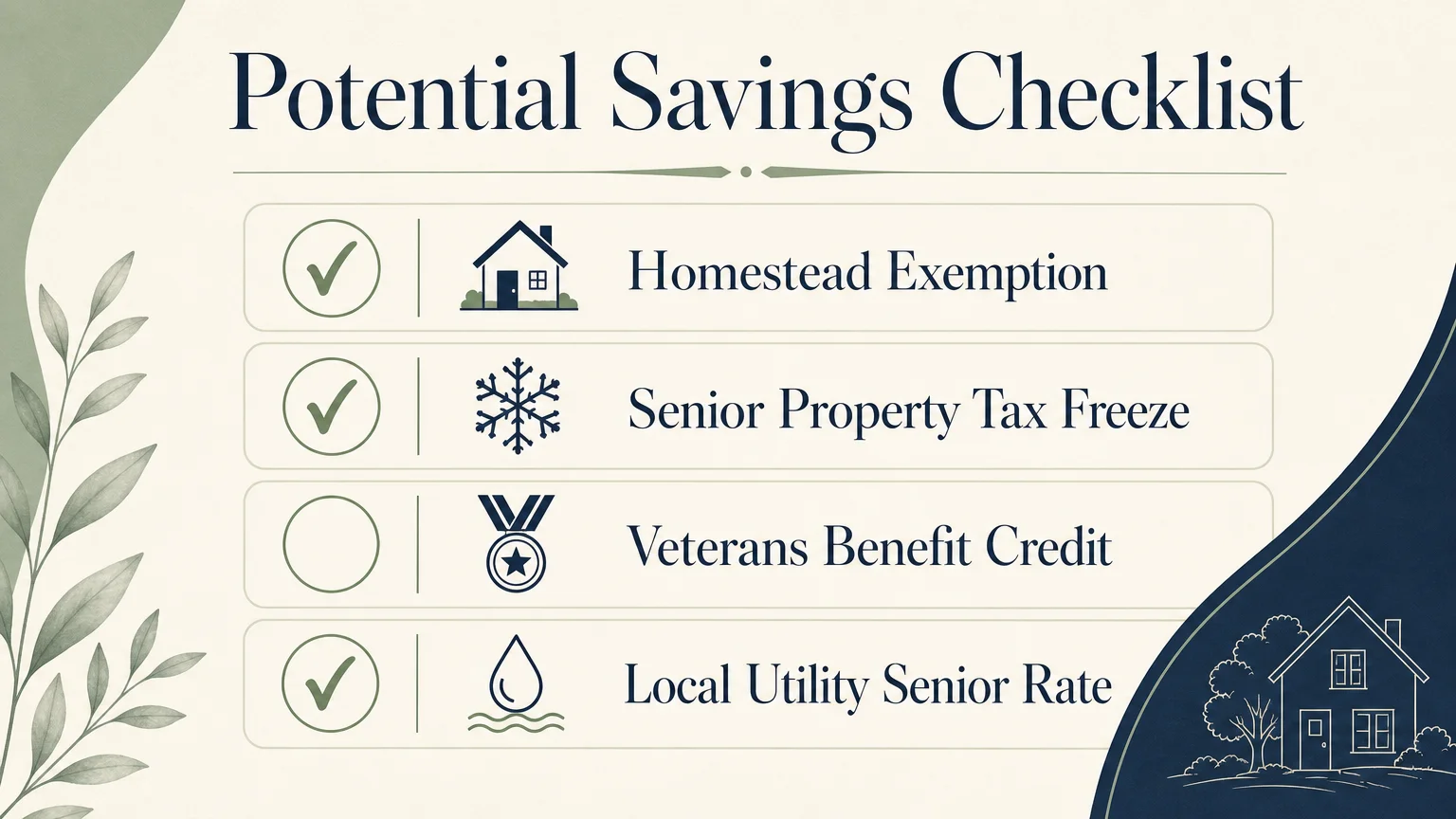 A checklist infographic showing senior tax relief options like Homestead Exemption and Property Tax Freeze.