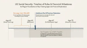 A clean, horizontal timeline diagram showing key Social Security age milestones from 62 to 70 with rules and earnings limits labeled.