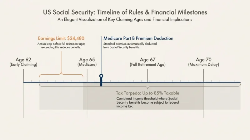 A clean, horizontal timeline diagram showing key Social Security age milestones from 62 to 70 with rules and earnings limits labeled.