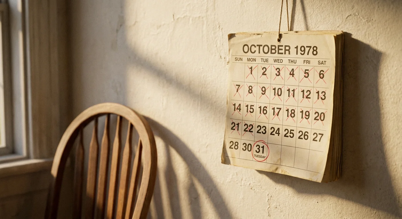 A close-up 35mm film photo of a wall calendar with all days crossed off in red except for the last day, which is circled.