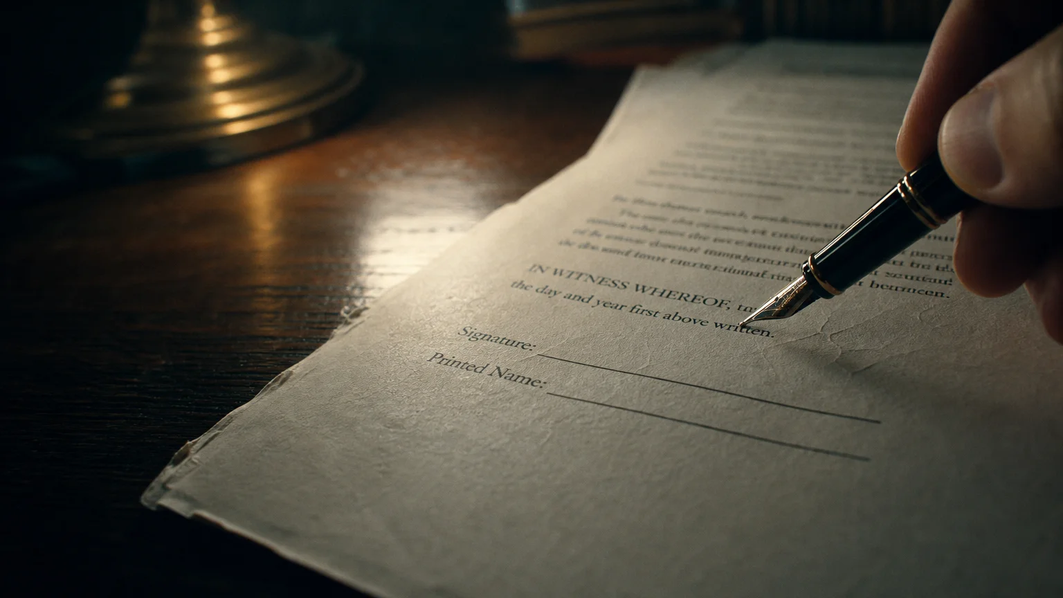 A close-up, cinematic photo of a fountain pen hovering over an unsigned line on a legal document.