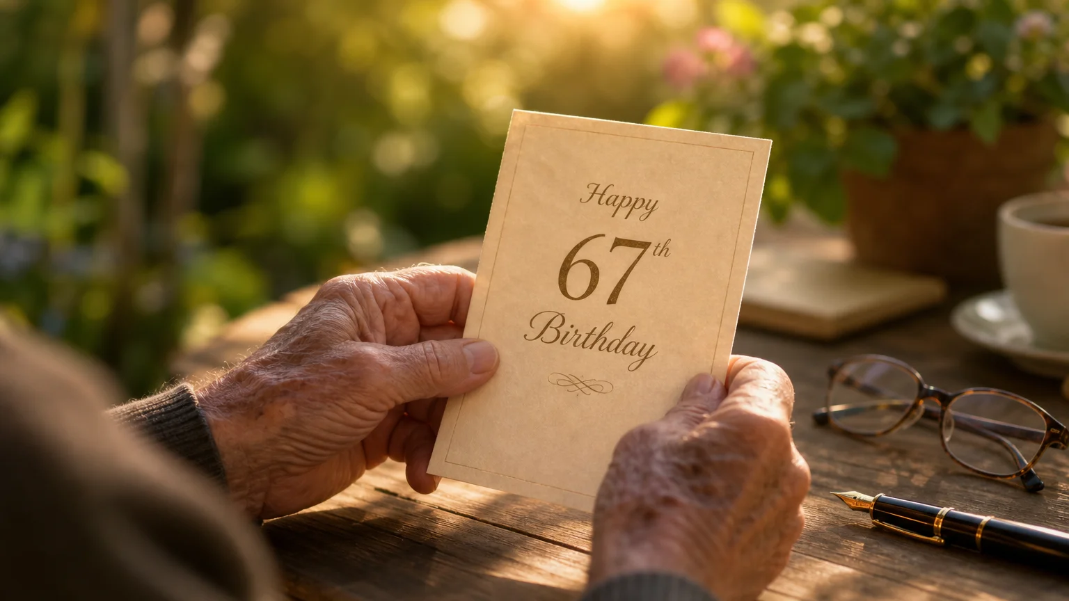 A close-up of a 67th birthday card on a sunlit table, symbolizing the milestone of reaching full retirement age.