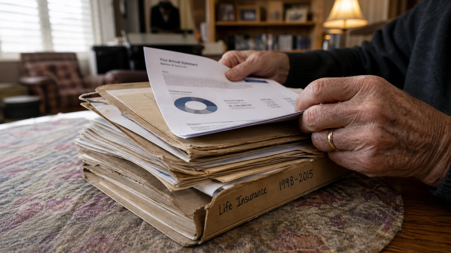 A close-up of a person's hands reviewing an old insurance folder labeled 1998-2015 on a wooden table.