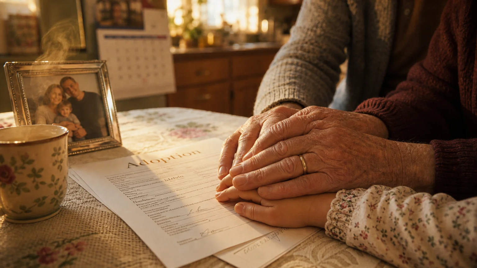 A close-up of a senior couple's hands holding a child's hand over adoption papers, shot with a warm film aesthetic.