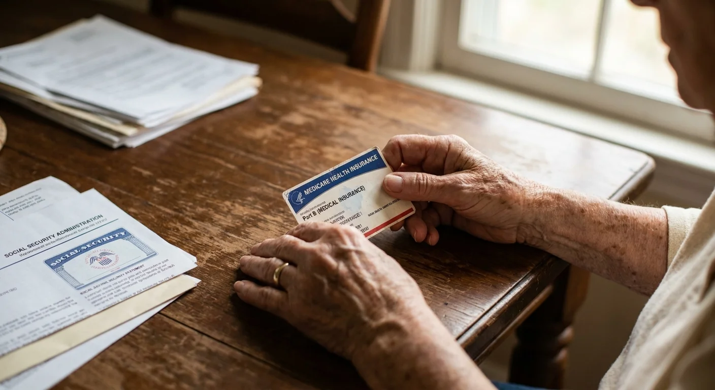 A close-up of a senior woman's hands holding a Medicare Part B card next to a paper Social Security statement on a wooden table.