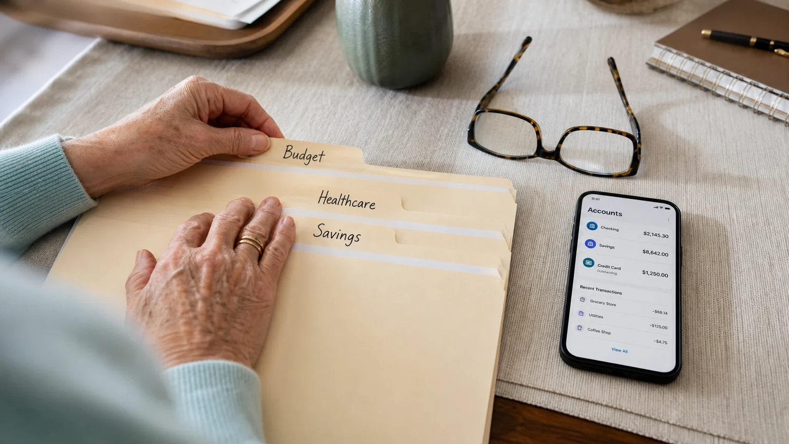 A close-up of a senior woman's hands organizing folders labeled Budget, Healthcare, and Savings on a desk.
