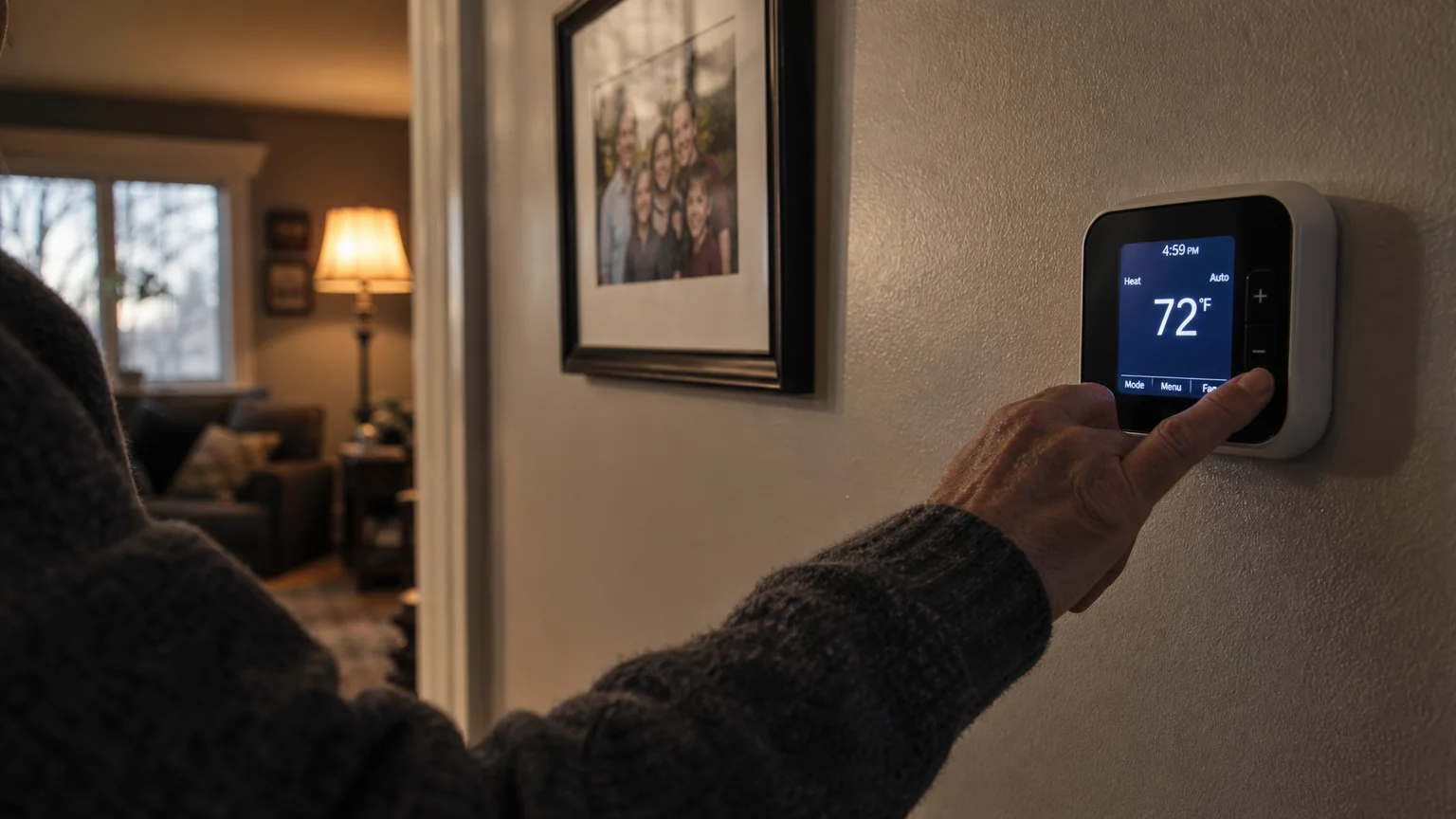 A close-up of a senior's hand in a wool sweater adjusting a digital wall thermostat to stay warm during winter.
