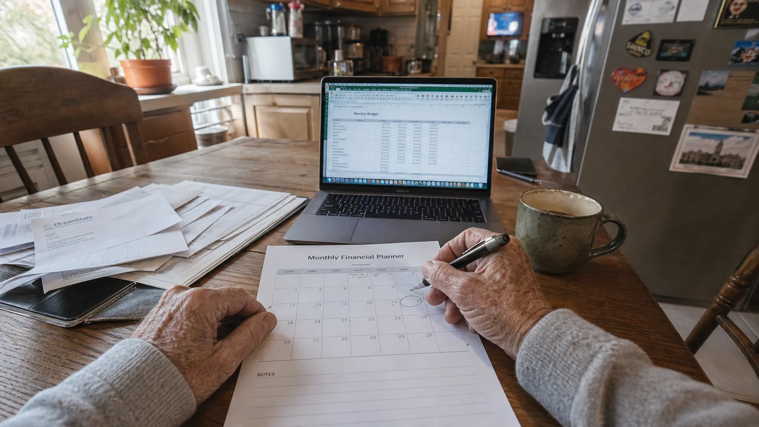 A close-up of a senior's hands at a kitchen table with a laptop and financial documents, planning their retirement.