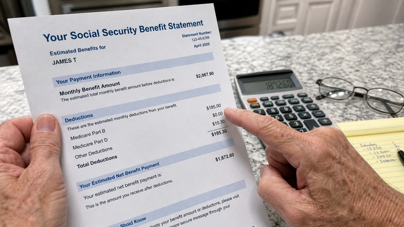 A close-up of a senior's hands reviewing a Social Security statement, focusing on the Medicare Part B premium deduction.
