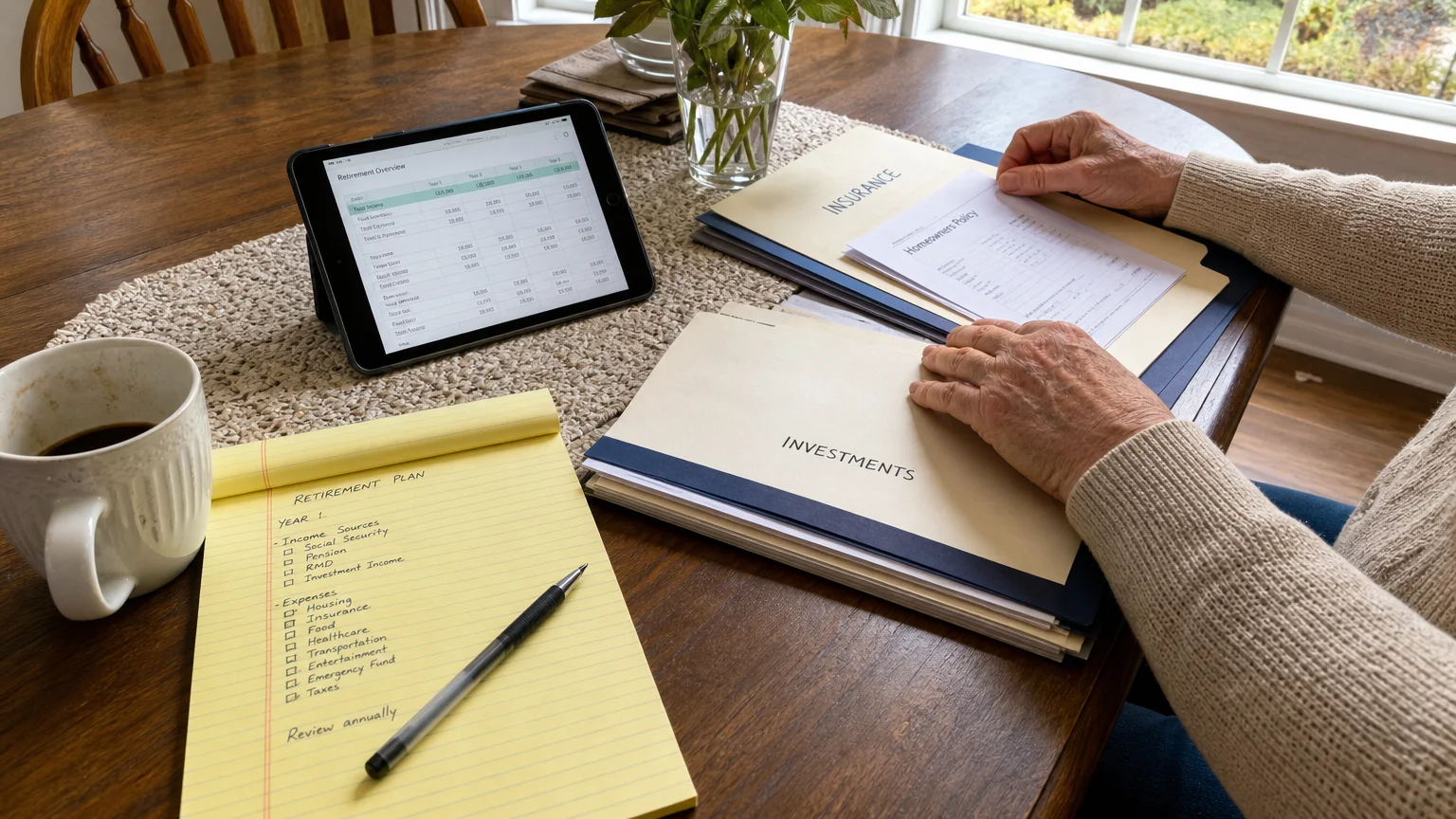 A close-up of a table with papers, folders, a tablet with a spreadsheet, and a cup of coffee, showing self-guided planning.