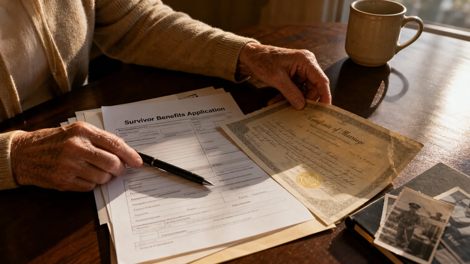 A close-up of an older person's hands organizing a survivor benefits application and a marriage certificate on a wooden table.