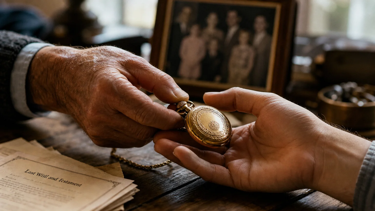 A close-up photo of an older hand passing a gold heirloom watch to a younger hand over a wooden table.