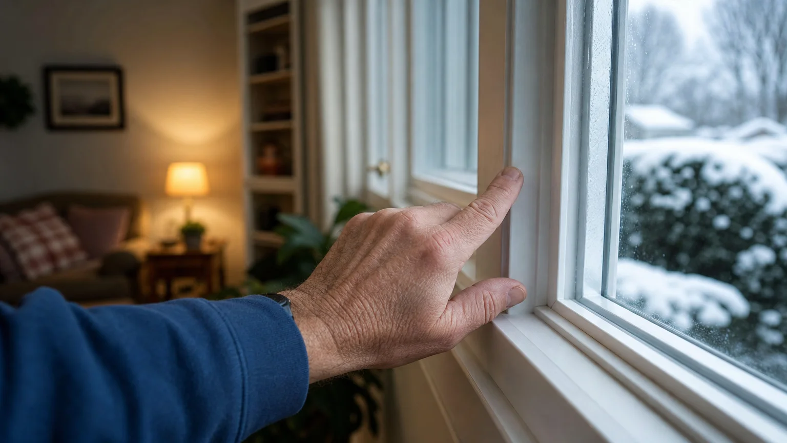 A close-up photograph of an older hand feeling a newly sealed, draft-proof window frame in a warm room.