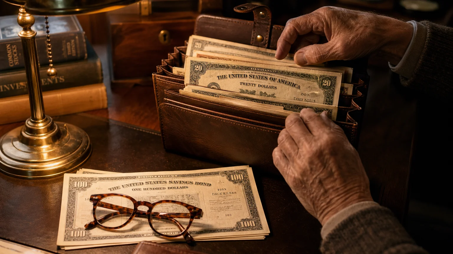 A close-up photograph of an older man's hands organizing treasury bonds and financial documents in a leather folder on a warm wooden desk.