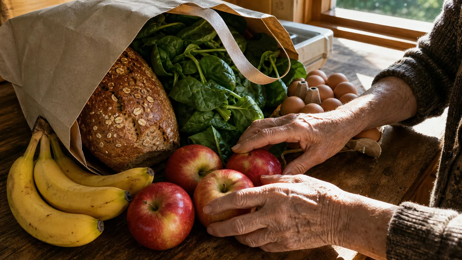 A close-up photograph of fresh, colorful groceries and an older person's hands on a rustic kitchen counter.
