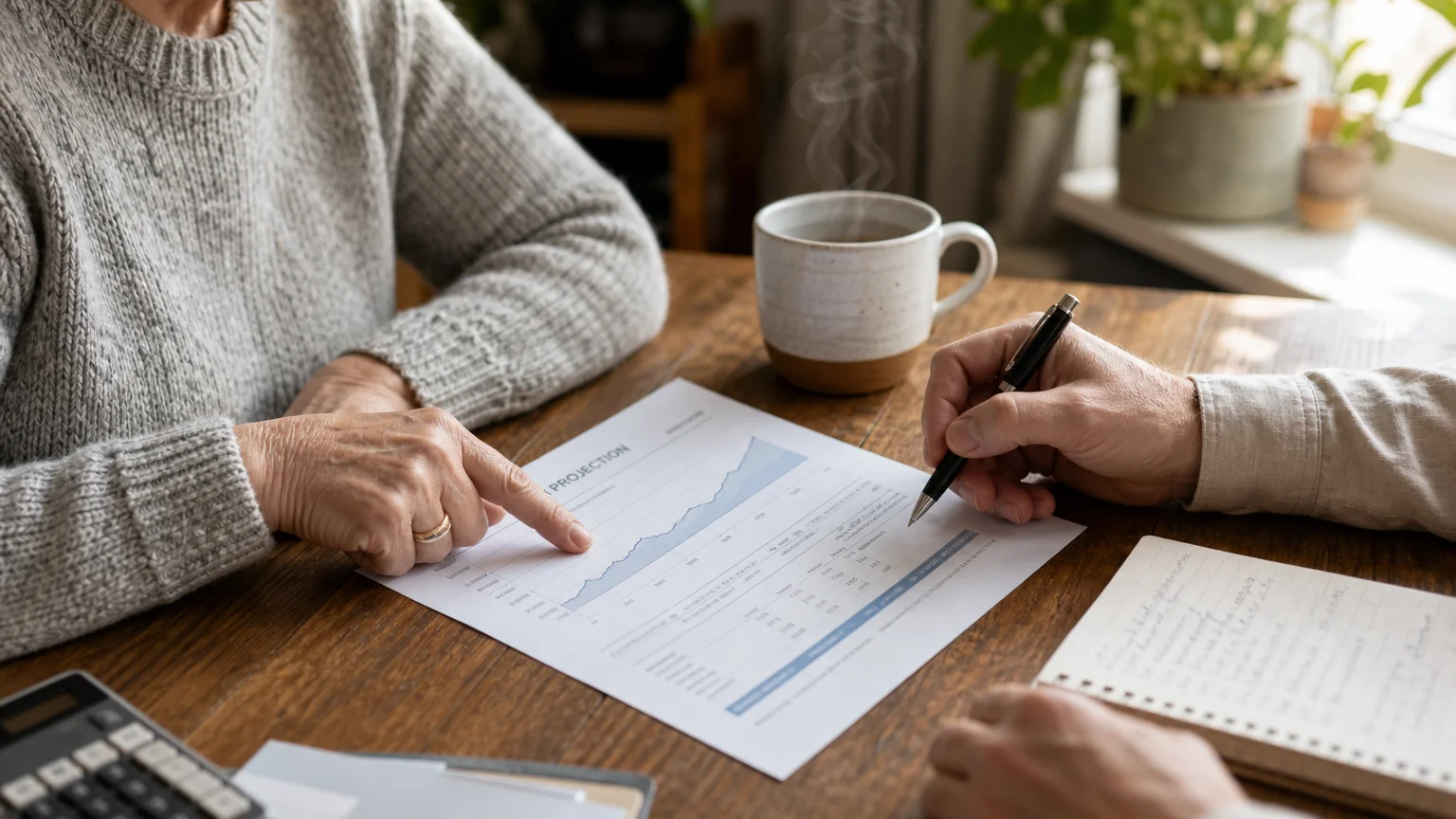 A close-up photograph of hands reviewing a retirement projection plan together on a wooden table, under soft natural window light.