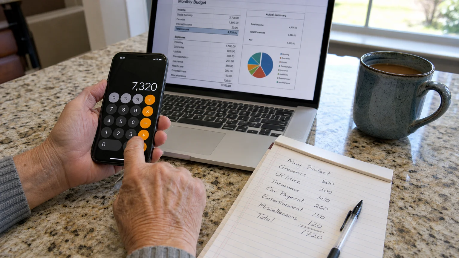 A close-up view of hands using a phone calculator next to a handwritten household budget notepad on a kitchen counter.