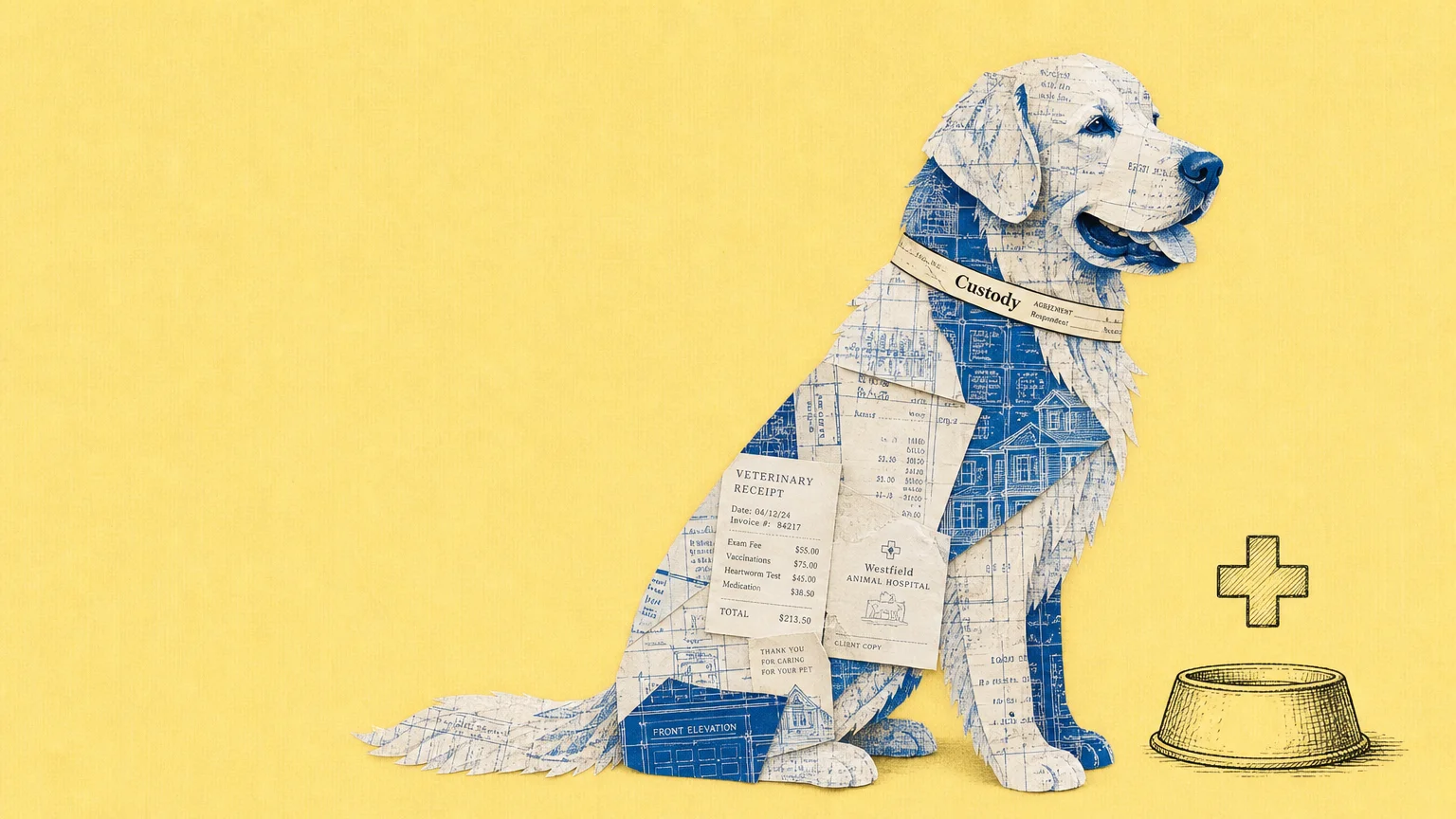 A collage of a dog silhouette made from legal and medical papers, representing pet custody agreements in a prenup.
