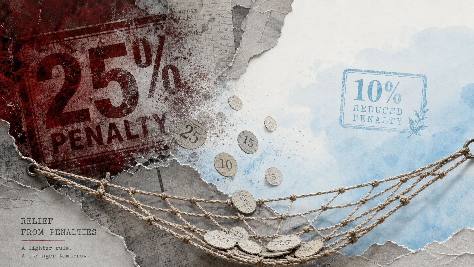 A conceptual art piece showing a heavy red 25% penalty fading into a lighter 10% penalty with a safety net.