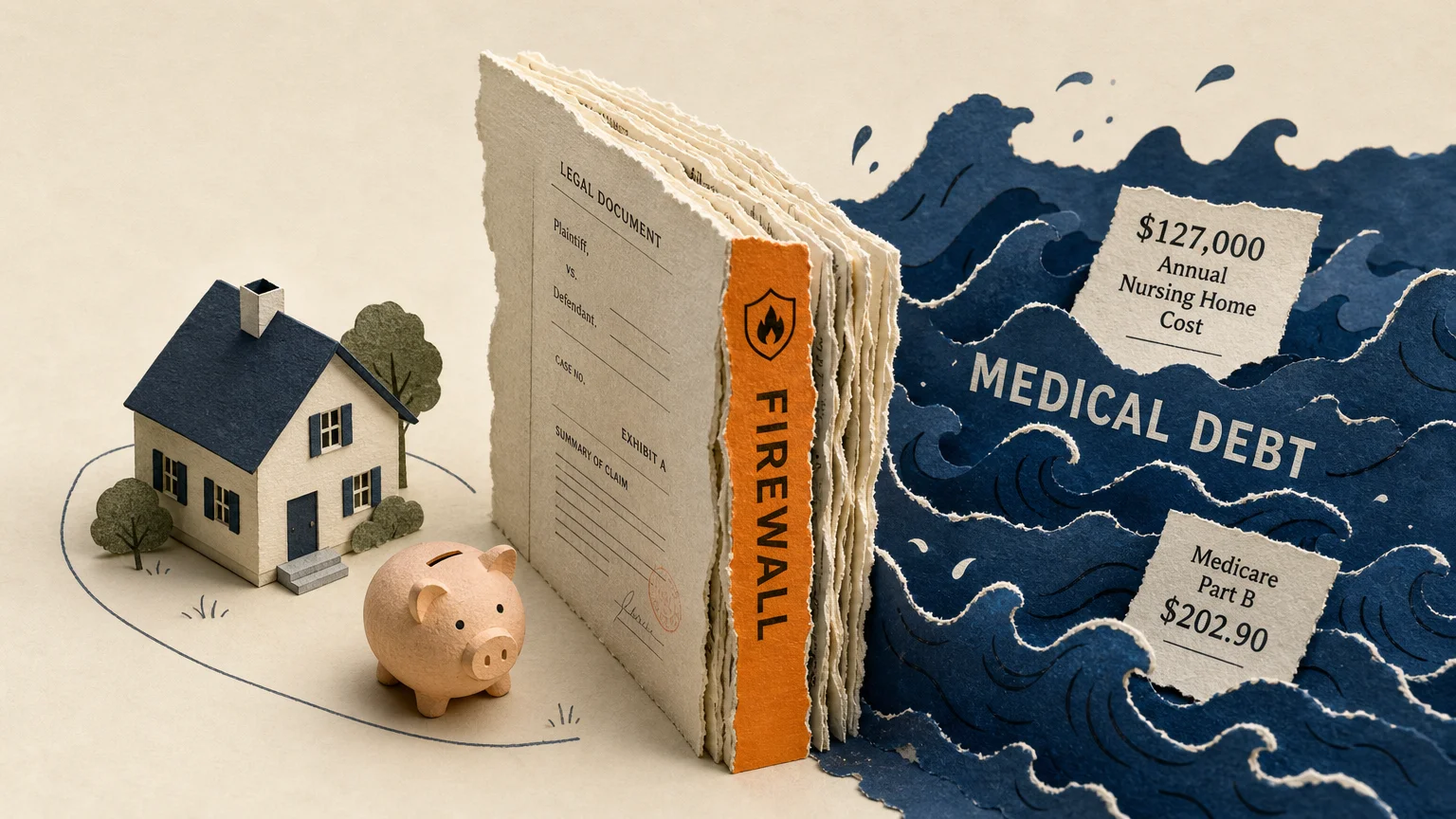 A conceptual collage showing a paper wall protecting a house and savings from rising medical costs and debt labels.