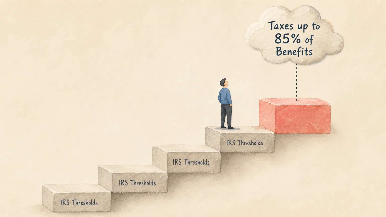 A conceptual gouache illustration of stepping stones leading to a higher tax threshold labeled eighty-five percent of benefits.
