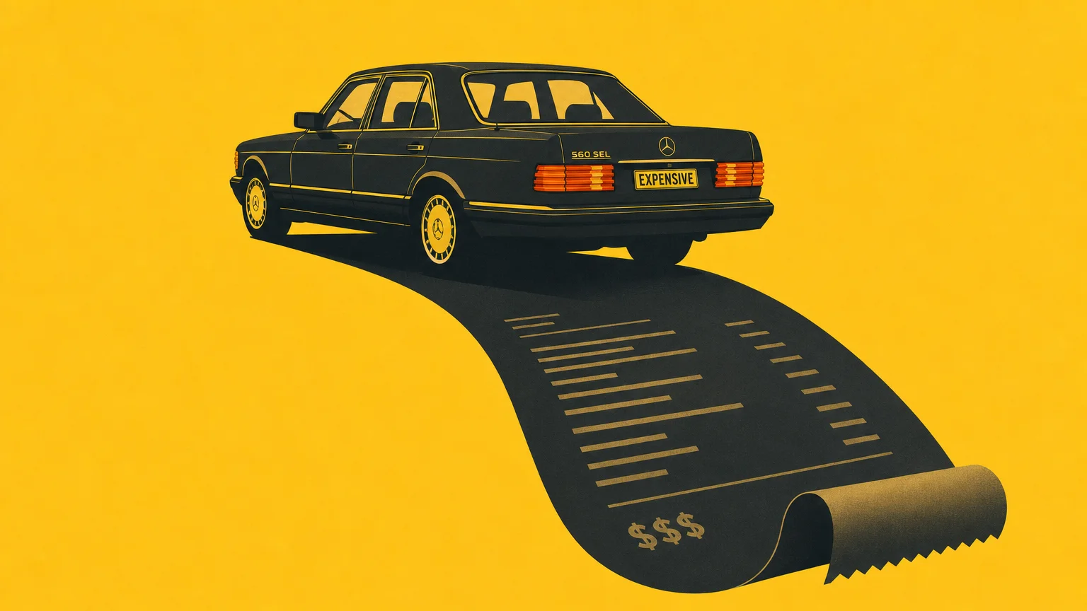 A conceptual graphic illustration of a luxury car casting a shadow shaped like a long cash receipt, symbolizing high maintenance costs.