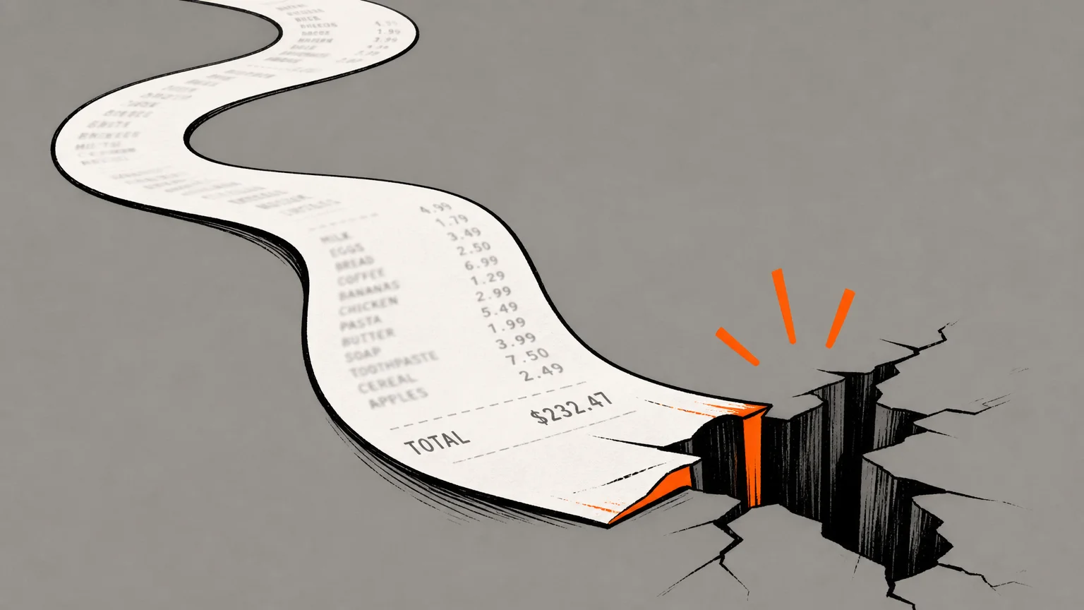 A conceptual illustration of a grocery receipt winding like a road into a hidden crack in the floor.