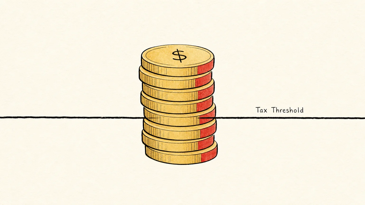 A conceptual illustration showing coins crossing a line and becoming partially colored red to represent taxation.