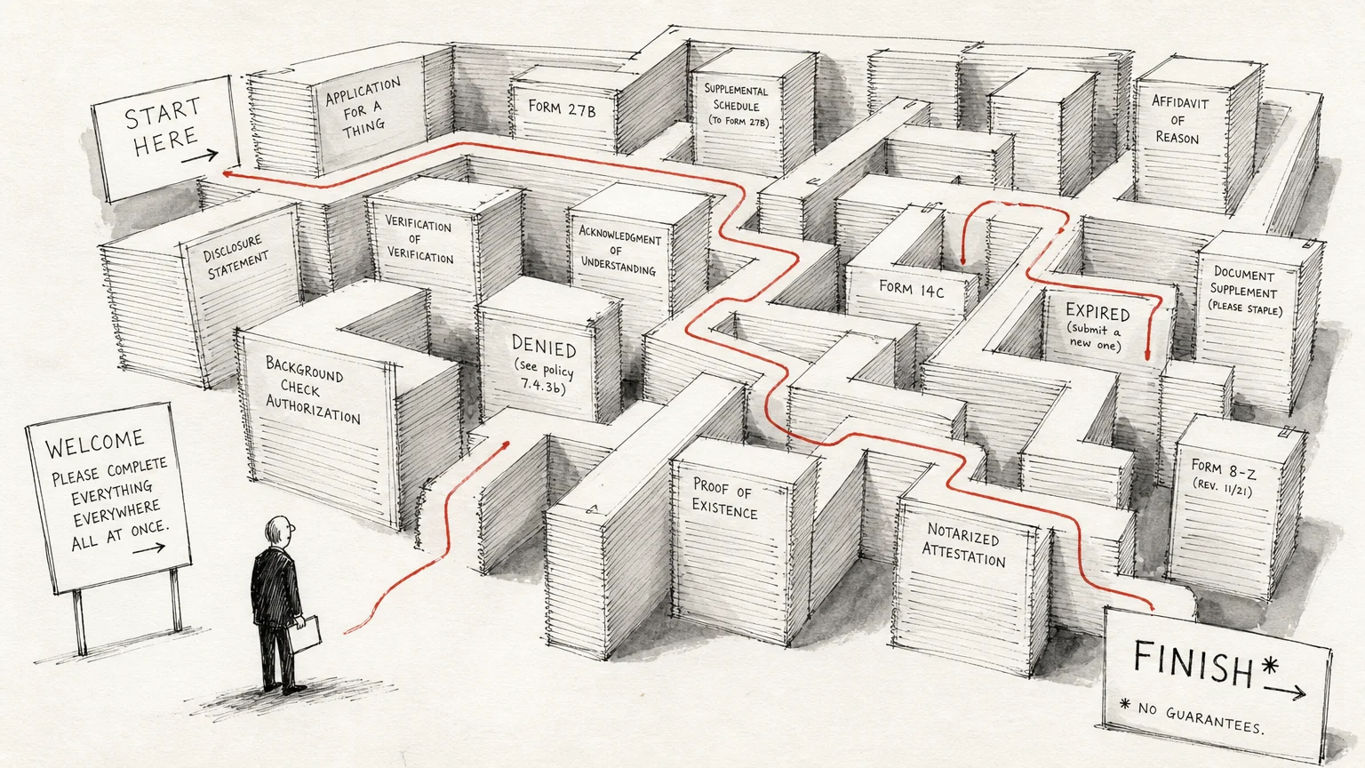 A conceptual ink drawing of a red line navigating a maze made of tall stacks of government paperwork.