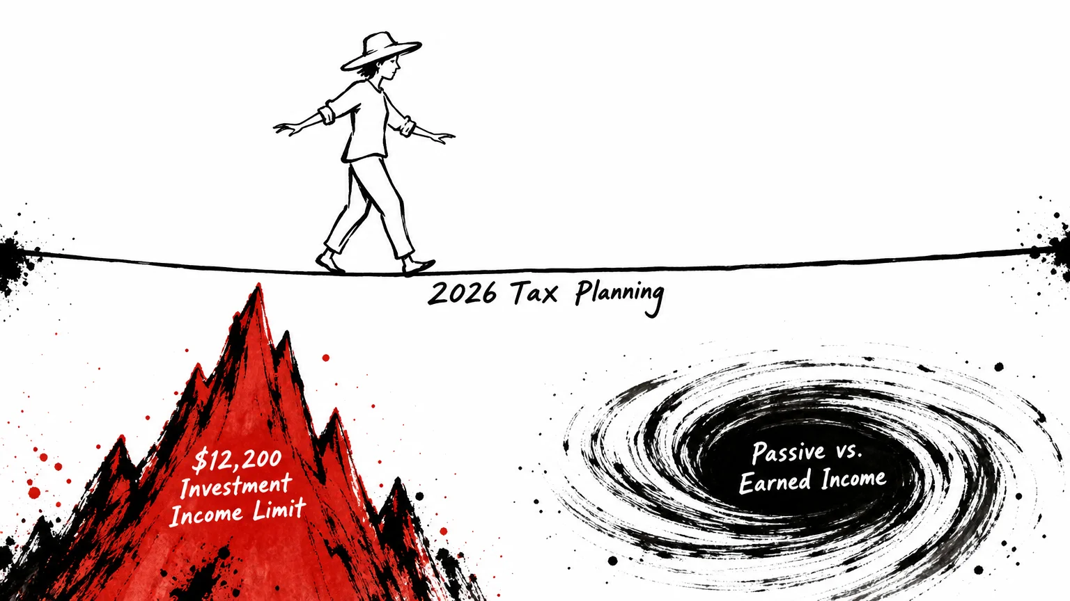A conceptual line drawing of a person walking a tightrope over tax-related obstacles like investment income limits.
