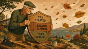 A conceptual mid-century style illustration of a retiree building a shield from planks labeled with financial strategies against a windy bac