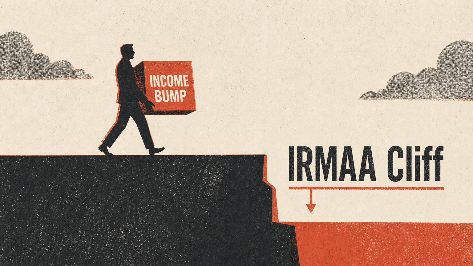 A conceptual screenprint illustration showing a figure carrying an Income Bump toward a sharp drop labeled IRMAA Cliff.