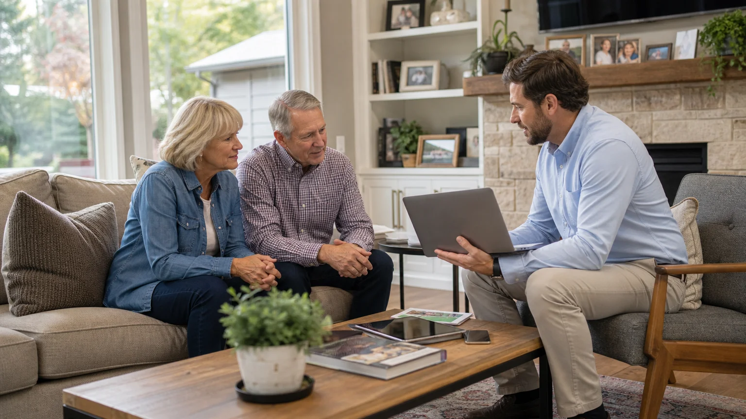 A couple has a casual meeting with a financial advisor in their living room to discuss their retirement strategy.