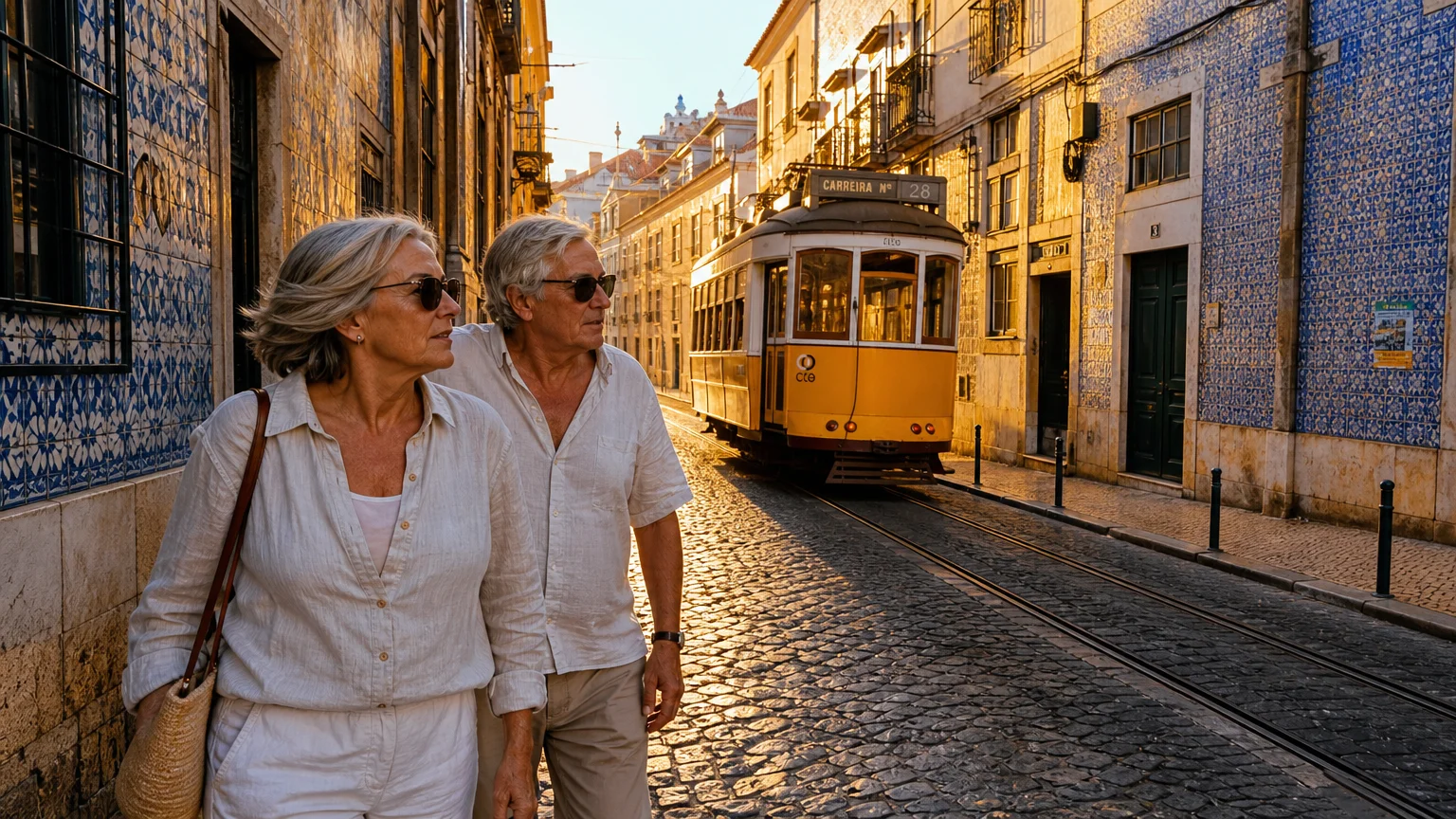 A couple walking down a historic Lisbon street near a yellow tram, capturing the essence of Portuguese retirement.