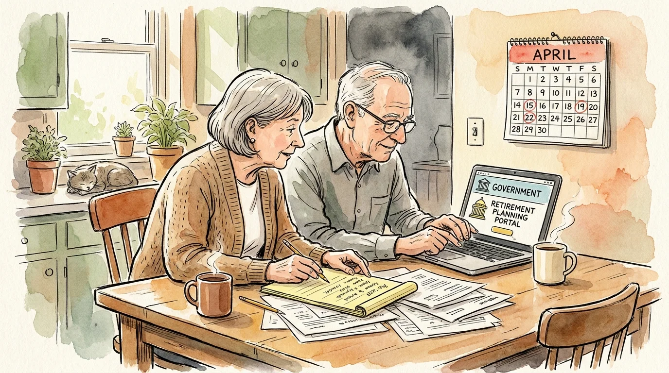 A cozy watercolor illustration of an older couple studying financial papers and a calendar at their kitchen table.