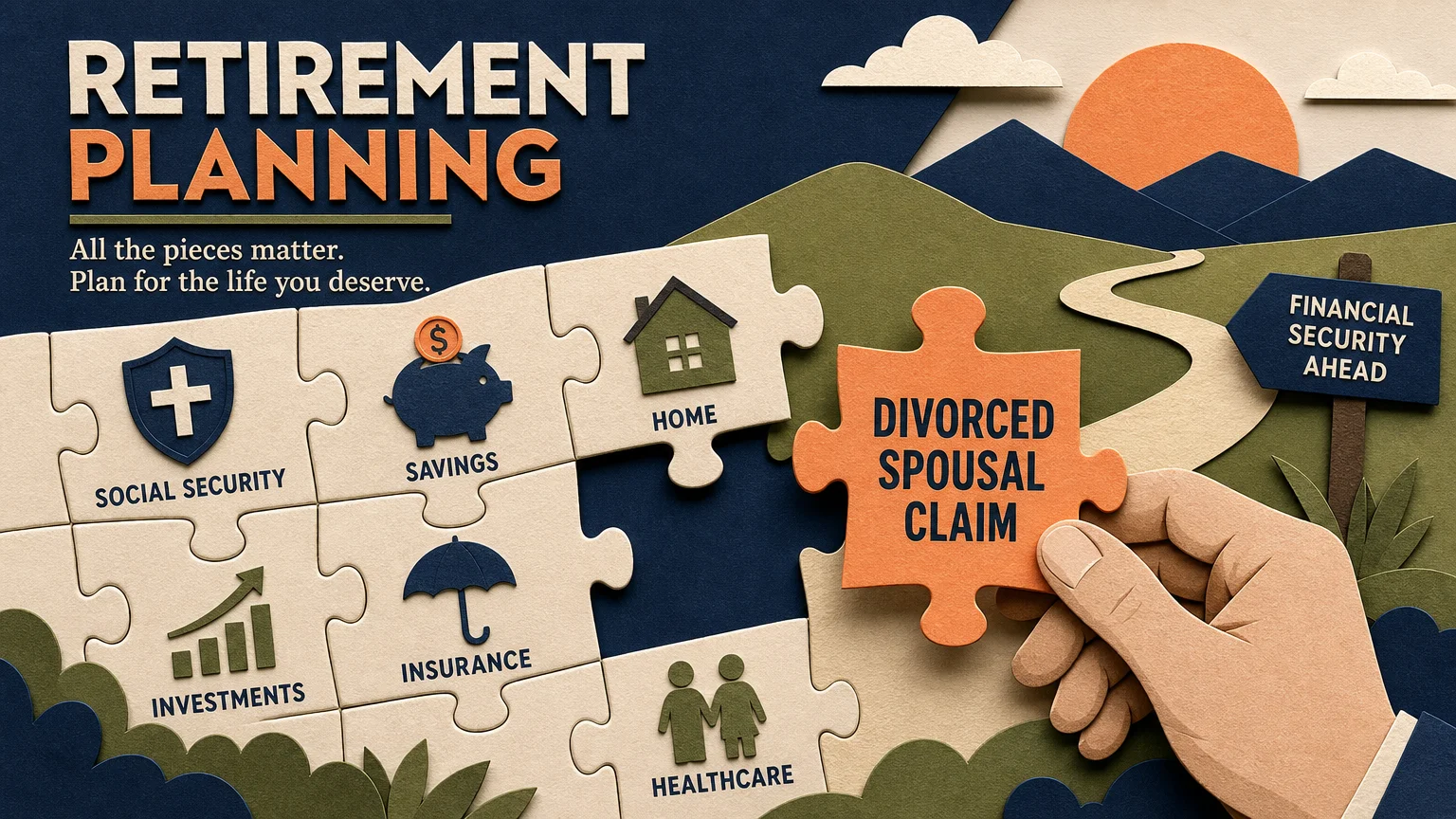A cut-paper puzzle graphic showing a bright piece labeled 'Divorced Spousal Claim' being fitted into a retirement puzzle.