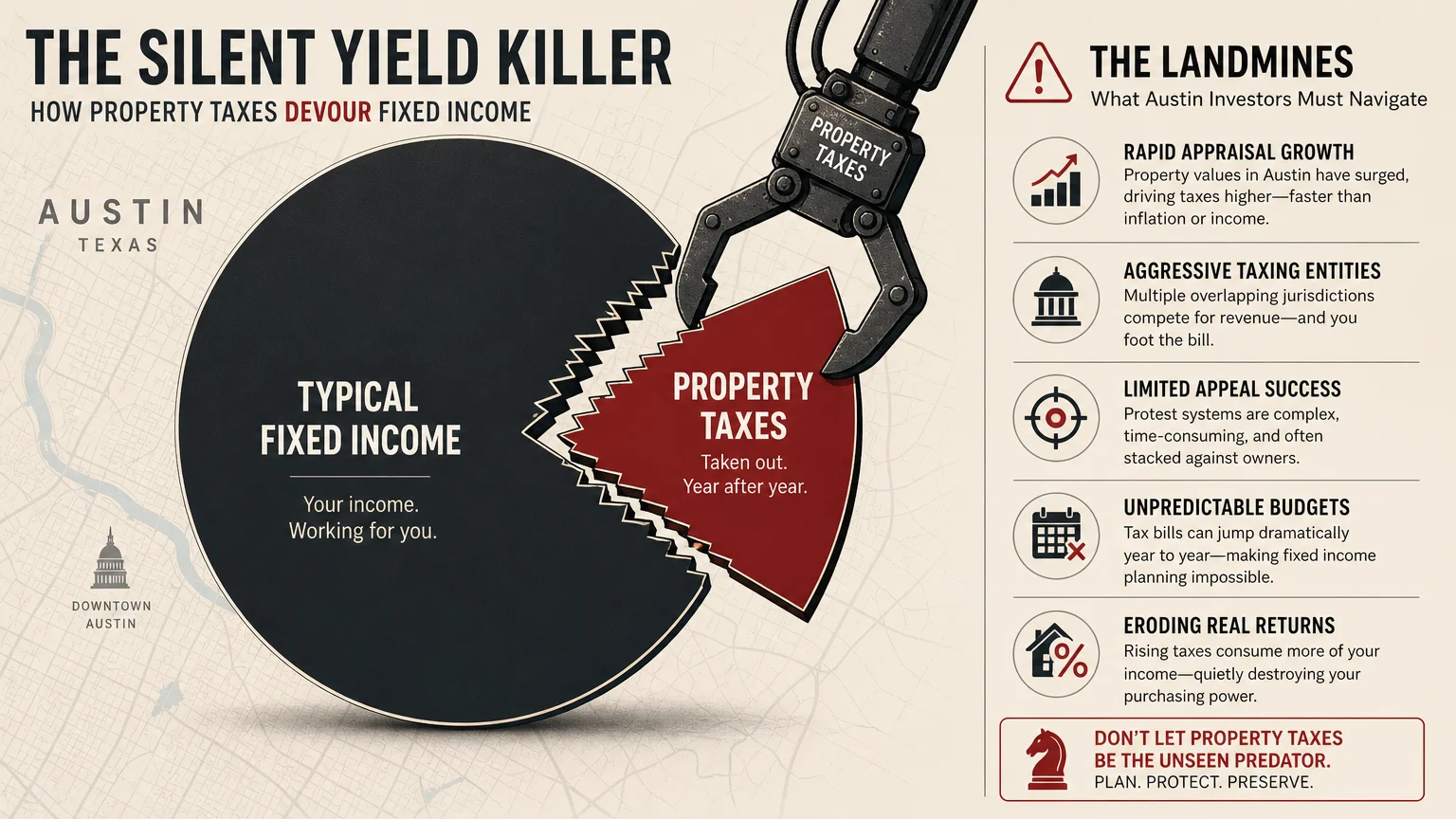 A data visualization showing a 'Property Tax' wedge devouring a significant portion of a 'Fixed Income' pie chart in Austin.