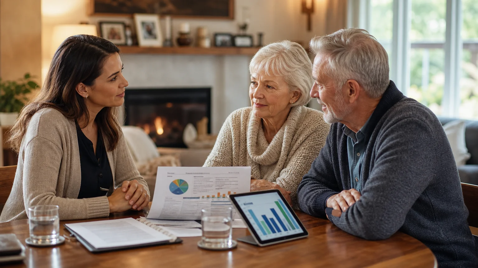 A female financial planner in casual attire sits with an older couple at a dining table, discussing documents in a warm home environment.
