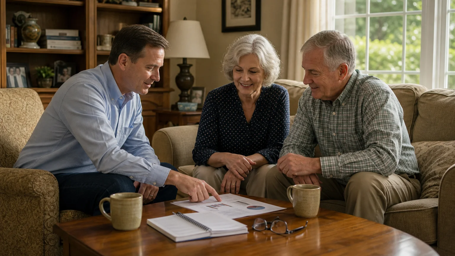 A financial advisor meets casually with a retired couple in their living room to discuss retirement strategy.